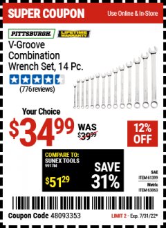 Harbor Freight Coupon 14 PIECE V-GROOVE FULLY POLISHED COMBINATION WRENCH SETS Lot No. 61399/61726/63063/64363 Expired: 7/31/22 - $34.99