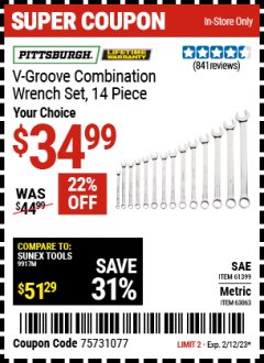 Harbor Freight Coupon 14 PIECE V-GROOVE FULLY POLISHED COMBINATION WRENCH SETS Lot No. 61399/61726/63063/64363 Expired: 2/12/23 - $34.99