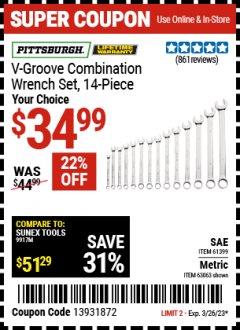 Harbor Freight Coupon 14 PIECE V-GROOVE FULLY POLISHED COMBINATION WRENCH SETS Lot No. 61399/61726/63063/64363 Expired: 3/26/23 - $34.99