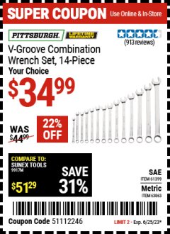Harbor Freight Coupon 14 PIECE V-GROOVE FULLY POLISHED COMBINATION WRENCH SETS Lot No. 61399/61726/63063/64363 Expired: 6/25/23 - $34.99