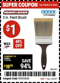 Harbor Freight Coupon 3" PROFESSIONAL PAINT BRUSH Lot No. 39688/62612 Expired: 1/22/23 - $1