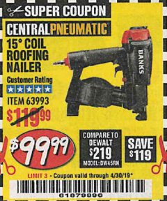 Harbor Freight Coupon BANKS 15&deg; COIL ROOFING NAILER Lot No. 63993 Expired: 4/30/19 - $99.99