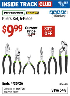 Harbor Freight Coupon PITTSBURGH PLIERS SET, 6-PIECE Lot No. 64729/63812 Valid: 12/31/69 - 4/30/26 - $9.99