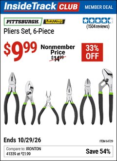 Harbor Freight ITC Coupon PITTSBURGH PLIERS SET, 6-PIECE Lot No. 64729/63812 Valid Thru: 10/29/26 - $9.99