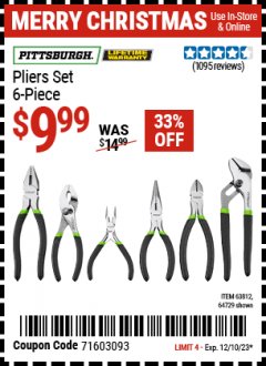 Harbor Freight Coupon 6 PIECE PLIERS SET Lot No. 64103/64729/63812 Expired: 12/10/23 - $9.99