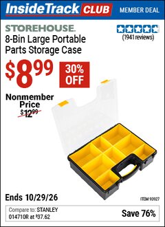 Harbor Freight ITC Coupon STOREHOUSE 8-BIN LARGE PORTABLE PARTS STORAGE CASE Lot No. 93927 Valid Thru: 10/29/26 - $8.99