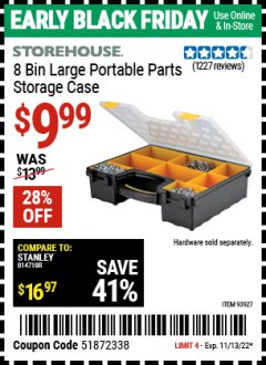 Harbor Freight Coupon STOREHOUSE 8-BIN LARGE PORTABLE PARTS STORAGE CASE Lot No. 93927 Expired: 11/13/22 - $9.99