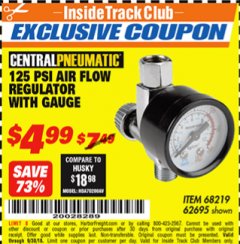 Harbor Freight ITC Coupon 125 PSI AIR FLOW REGULATOR WITH GAUGE Lot No. 68219 62695 Expired: 9/30/18 - $4.99