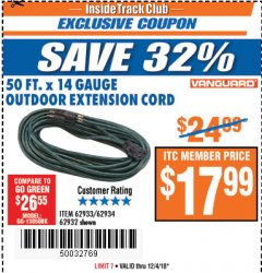 Harbor Freight ITC Coupon VANGUARD 50 FT. X 14 GAUGE OUTDOOR EXTENSION CORD Lot No. 60268 / 62932 / 62934 / 62933 Expired: 12/4/18 - $17.99