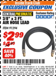Harbor Freight ITC Coupon 3/8"X3FT AIR HOSE LEAD Lot No. 91294 Expired: 9/30/18 - $2.99