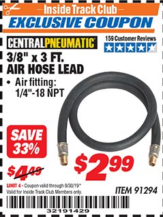 Harbor Freight ITC Coupon 3/8"X3FT AIR HOSE LEAD Lot No. 91294 Expired: 9/30/19 - $2.99