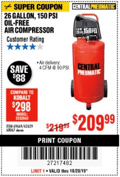 Harbor Freight Coupon 1.8 HP, 26 GALLON, 150 PSI OILLESS AIR COMPRESSOR Lot No. 69669/68067/69090/62629 Expired: 10/20/19 - $209.99