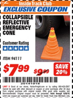 Harbor Freight ITC Coupon COLLAPSIBLE REFLECTIVE EMERGENCY CONE Lot No. 94111 Expired: 9/30/18 - $7.99