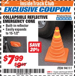 Harbor Freight ITC Coupon COLLAPSIBLE REFLECTIVE EMERGENCY CONE Lot No. 94111 Expired: 9/30/19 - $7.99