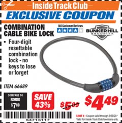 Harbor Freight ITC Coupon COMBINATION CABLE BIKE LOCK Lot No. 66689 Expired: 2/29/20 - $4.49