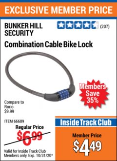 Harbor Freight ITC Coupon COMBINATION CABLE BIKE LOCK Lot No. 66689 Expired: 10/31/20 - $4.49