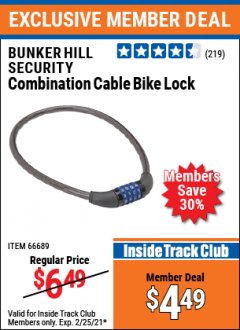 Harbor Freight ITC Coupon COMBINATION CABLE BIKE LOCK Lot No. 66689 Expired: 2/25/21 - $4.49