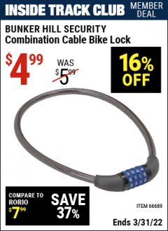 Harbor Freight ITC Coupon COMBINATION CABLE BIKE LOCK Lot No. 66689 Expired: 3/31/22 - $4.99