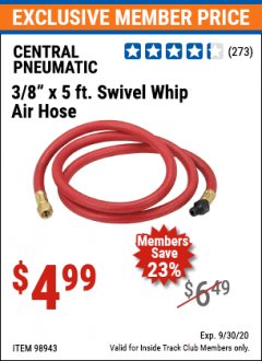 Harbor Freight ITC Coupon 3.8" X 5 FT. SWIVEL WHIP AIR HOSE Lot No. 98943 Expired: 9/30/20 - $4.99