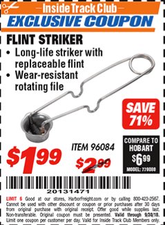 Harbor Freight ITC Coupon FLINT STRIKER Lot No. 96084 Expired: 9/30/18 - $1.99