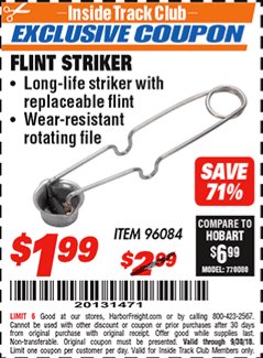 Harbor Freight ITC Coupon CHICAGO ELECTRIC WELDING FLINT STRIKER Lot No. 96084 Expired: 9/30/18 - $1.99