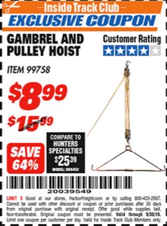 Harbor Freight ITC Coupon GAMBREL AND PULLEY HOIST Lot No. 99758 Expired: 9/30/18 - $8.99