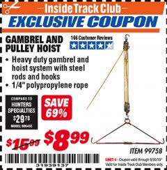 Harbor Freight ITC Coupon GAMBREL AND PULLEY HOIST Lot No. 99758 Expired: 8/30/19 - $8.99