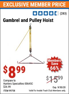 Harbor Freight ITC Coupon GAMBREL AND PULLEY HOIST Lot No. 99758 Expired: 9/30/20 - $8.99