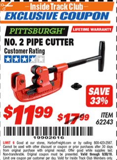Harbor Freight ITC Coupon NO. 2 PIPE CUTTER Lot No. 62243 Expired: 9/30/18 - $11.99
