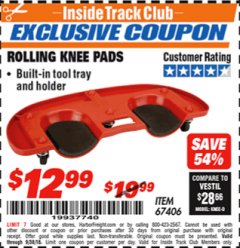 Harbor Freight ITC Coupon ROLLING KNEE PADS Lot No. 67406 Expired: 9/30/18 - $12.99