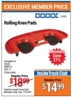 Harbor Freight ITC Coupon ROLLING KNEE PADS Lot No. 67406 Expired: 12/3/20 - $14.99