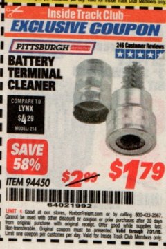 Harbor Freight ITC Coupon PITTSBURGH BATTERY TERMINAL CLEANER Lot No. 94450 Expired: 7/31/19 - $1.99