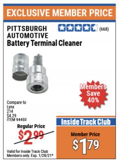Harbor Freight ITC Coupon PITTSBURGH BATTERY TERMINAL CLEANER Lot No. 94450 Expired: 1/28/21 - $1.79