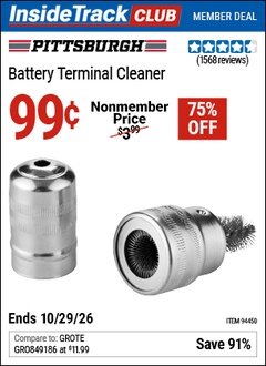 Harbor Freight ITC Coupon PITTSBURGH BATTERY TERMINAL CLEANER Lot No. 94450 Valid Thru: 10/29/26 - $0.99