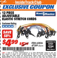 Harbor Freight ITC Coupon 12 PEICE ADJUSTABLE ELASTIC STRETCH CORDS Lot No. 62826 Expired: 9/30/18 - $4.99