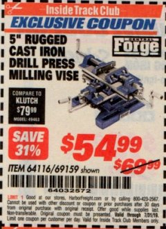 Harbor Freight ITC Coupon 5" RUGGED CAST IRON DRILL PRESS MILLING VICE Lot No. 64116/69159 Expired: 7/31/19 - $54.99