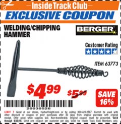 Harbor Freight ITC Coupon WELDING / CHIPPING HAMMER Lot No. 63773 Expired: 9/30/18 - $4.99
