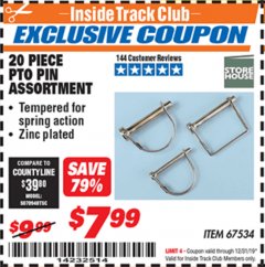 Harbor Freight ITC Coupon 20 PIECE PTO PIN ASSORTMENT Lot No. 67534 Expired: 12/31/19 - $7.99