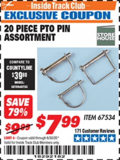 Harbor Freight ITC Coupon 20 PIECE PTO PIN ASSORTMENT Lot No. 67534 Expired: 6/30/20 - $7.99