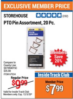 Harbor Freight Coupon STOREHOUSE PTO PIN ASSORTMENT, 20-PIECE Lot No. 67534 Expired: 12/3/20 - $7.99