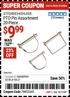 Harbor Freight Coupon STOREHOUSE PTO PIN ASSORTMENT, 20-PIECE Lot No. 67534 EXPIRES: 10/11/26 - $9.99