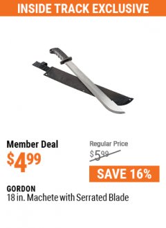 Harbor Freight ITC Coupon GORDON 18 IN. MACHETE WITH SERRATED BLADE Lot No. 57951 Expired: 5/31/21 - $4.99