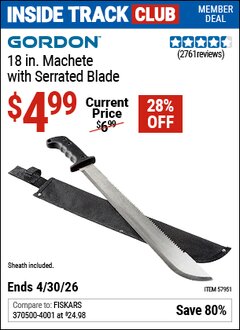 Harbor Freight ITC Coupon GORDON 18 IN. MACHETE WITH SERRATED BLADE Lot No. 57951 Valid Thru: 4/30/26 - $4.99