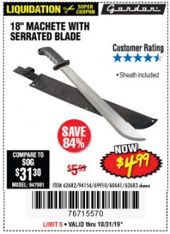 Harbor Freight Coupon GORDON 18 IN. MACHETE WITH SERRATED BLADE Lot No. 57951 Expired: 10/31/19 - $4.99