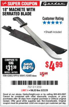 Harbor Freight Coupon GORDON 18 IN. MACHETE WITH SERRATED BLADE Lot No. 57951 Expired: 3/22/20 - $4.99