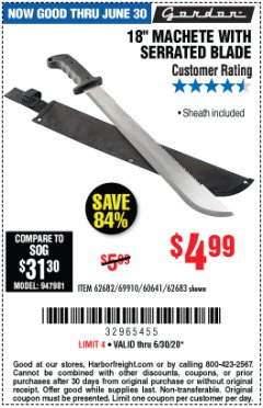 Harbor Freight Coupon GORDON 18 IN. MACHETE WITH SERRATED BLADE Lot No. 57951 Expired: 6/30/20 - $4.99