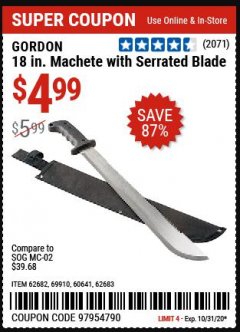 Harbor Freight Coupon GORDON 18 IN. MACHETE WITH SERRATED BLADE Lot No. 57951 Expired: 10/31/20 - $4.99