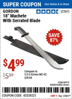 Harbor Freight Coupon 18" MACHETE WITH SERRATED BLADE Lot No. 62682/69910/60641/62683/57951 Expired: 1/28/21 - $4.99