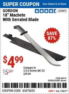 Harbor Freight Coupon GORDON 18 IN. MACHETE WITH SERRATED BLADE Lot No. 57951 Expired: 1/28/21 - $4.99