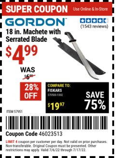 Harbor Freight Coupon GORDON 18 IN. MACHETE WITH SERRATED BLADE Lot No. 57951 Expired: 1/17/22 - $4.99